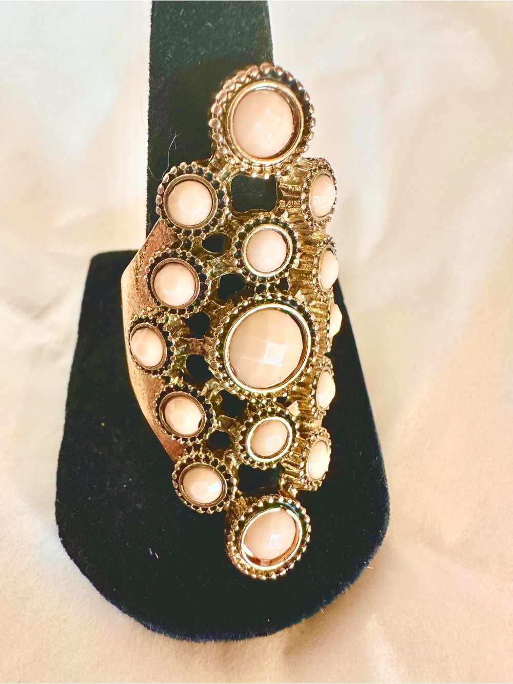 Vintage Gold Cocktail Ring with Blush Pink Cream Cabochons Size 8-9